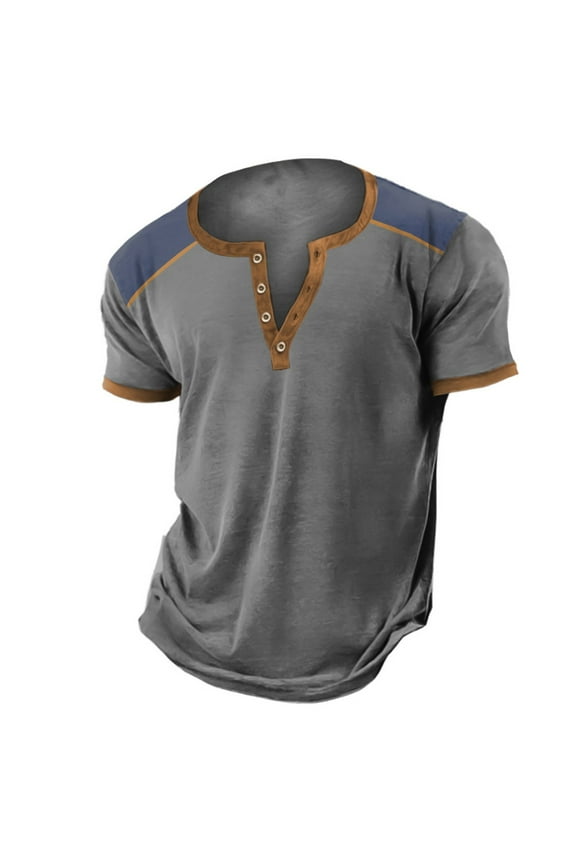 Mens Henley T Shirts Henley Short Sleeve Loose Fit Solid Classic Tee Daily Clothes Men Grey XXXL