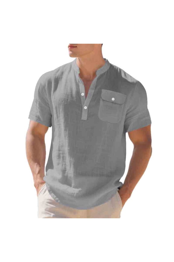 Mens Shirts Casual Henley Short Sleeve Everyday Solid Color Shirt Vintage Mens Preppy Clothes Grey XXXL