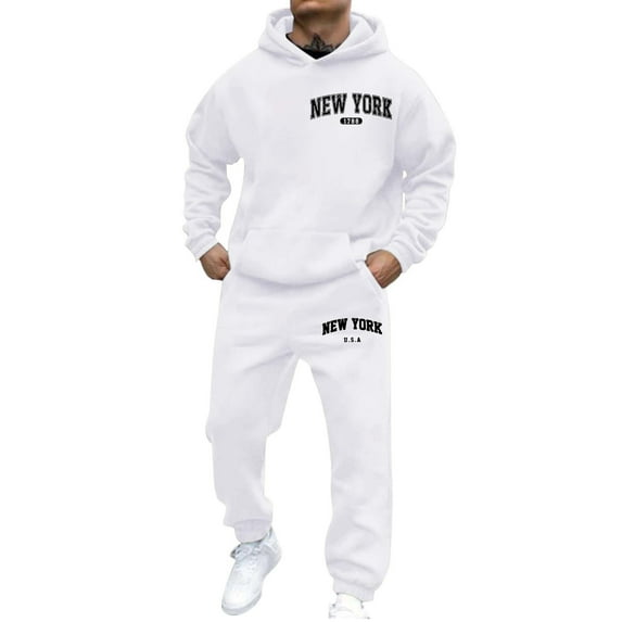 Aihuaihua Mens Track Suits New York Graphic Sweatshirt and Sweatpants Set Long Sleeve Sweatsuits Vintage Workout Jogging Suits White M