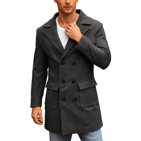 Aihuaihua Mens Trench Coat Notch Lapel Double Breasted Peacoat Wool Blend Casual Long Overcoat with Pocket Black M