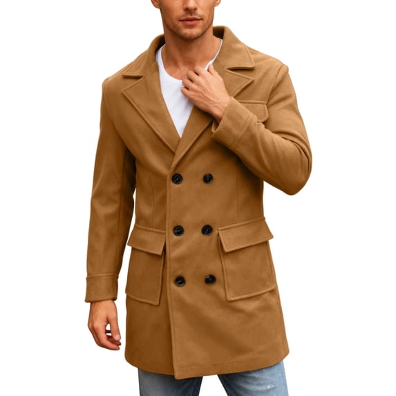 Aihuaihua Mens Trench Coat Notch Lapel Double Peacoat Wool Blend Casual Long Overcoat with Pocket Brown XL