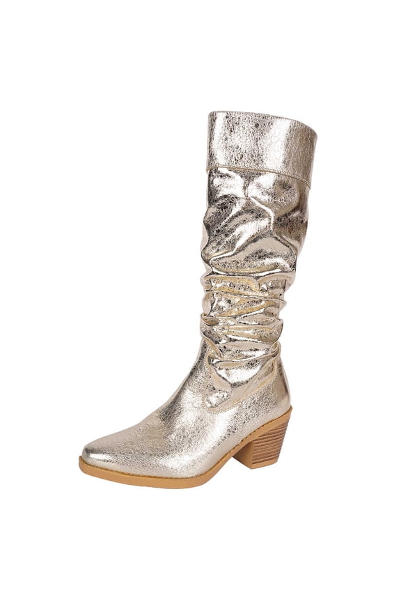 Metallic Cowboy Boots Women Chunky Heel Sparkle Wide Calf Western Boots Pointed Toe Pull On Cowgirl Boots for Women
