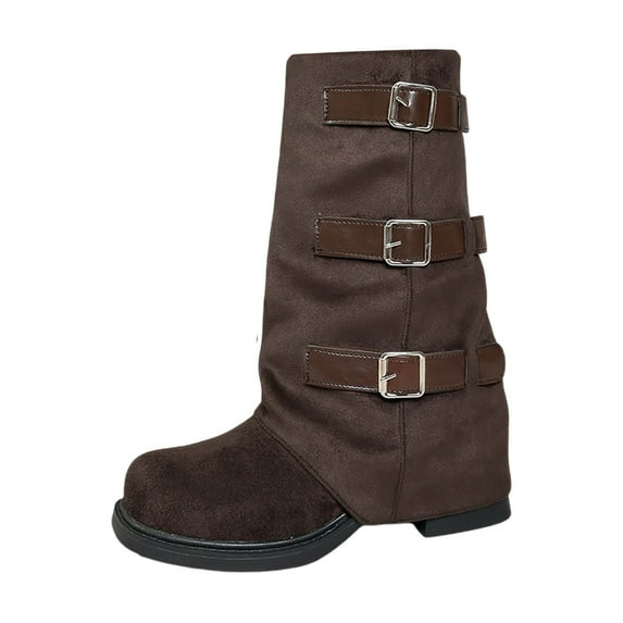 Aihuaihua Mid Calf Boots for Women Vintage Foldover Pirate Costume Boots Goth Buckle Strap Leather Boots Stylish Cosplay Shoes