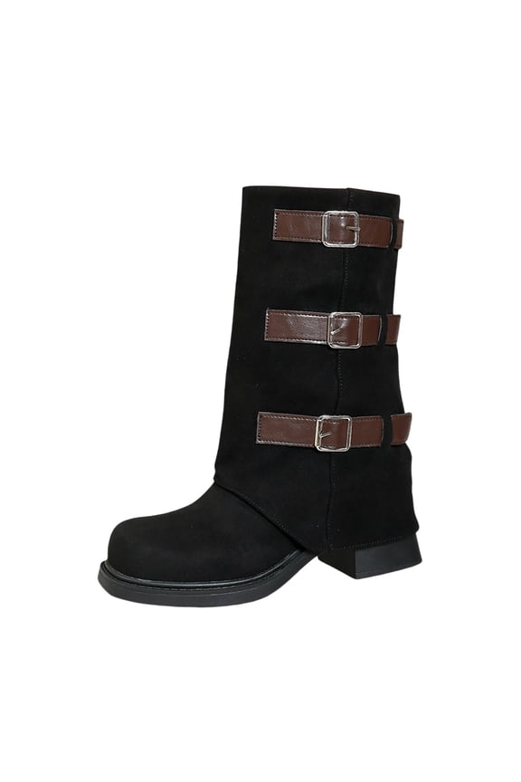 Mid Calf Boots for Women Vintage Foldover Pirate Boots Goth Buckle Strap Leather Boots Stylish Shoes