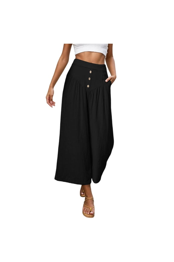 Palazzo Pants for Women Casual Summer Wide Leg Cropped Pants Culottes Gaucho Beach Vacation Outfits Black S