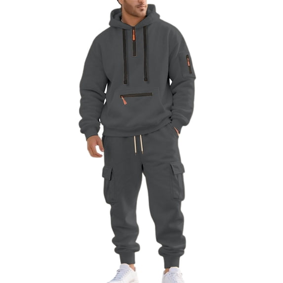 Aihuaihua Quarter Zip Tracksuit Men 2 Piece Set Lined Tracksuit Hoodies Pullover & Cargo Joggers Athletic Sweatsuits Dark Gray M