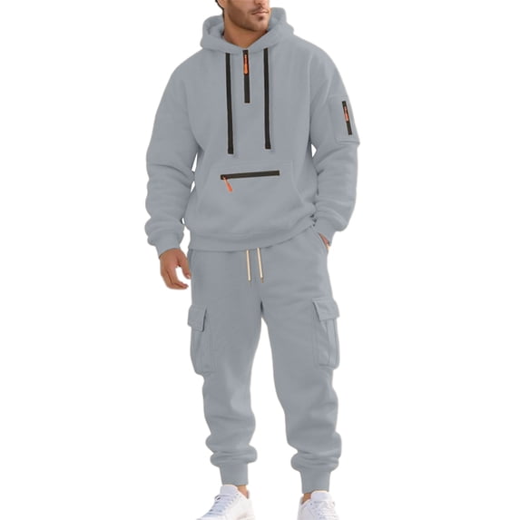 Aihuaihua Quarter Zip Tracksuit Men 2 Piece Set Lined Tracksuit Hoodies Pullover & Cargo Joggers Athletic Sweatsuits Light Gray XL