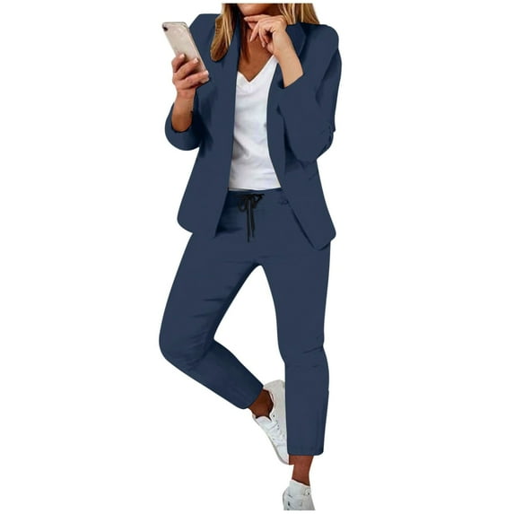 Aihuaihua Suits for Women for Work 2025 Fall Two Piece Blazer Jacket and Pencil Pants Business Casual Office Formal Outfits Dark Blue