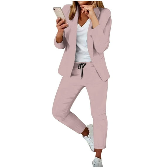 Aihuaihua Suits for Women for Work 2025 Fall Two Piece Blazer Jacket and Pencil Pants Business Casual Office Formal Outfits Pink
