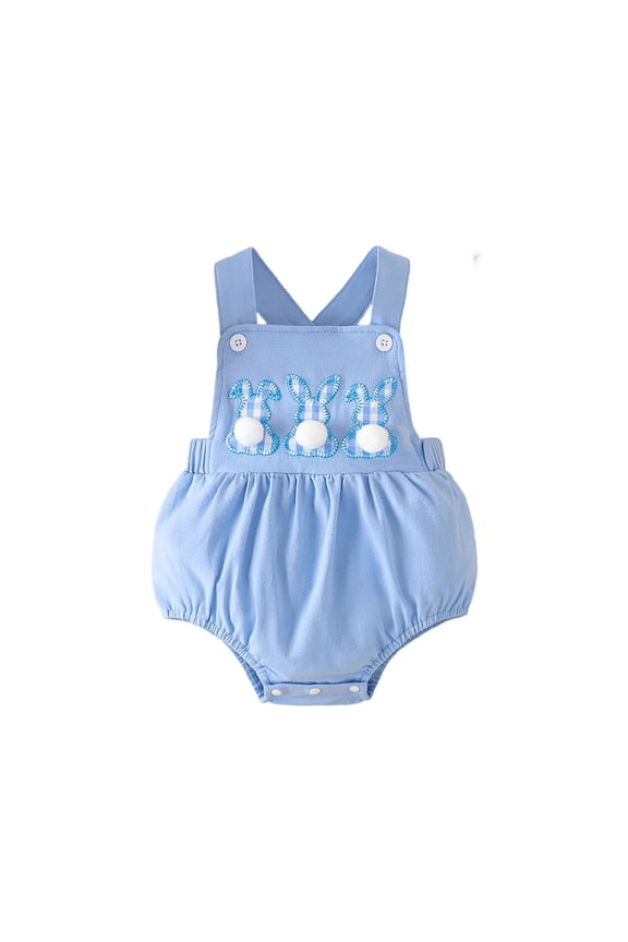 Summer Bunny Embroidered Bunting Style Bodysuit With Straps For Girls Easter Themed Romper Soft Comfort Adorable Bib Neckline Kids Easter set