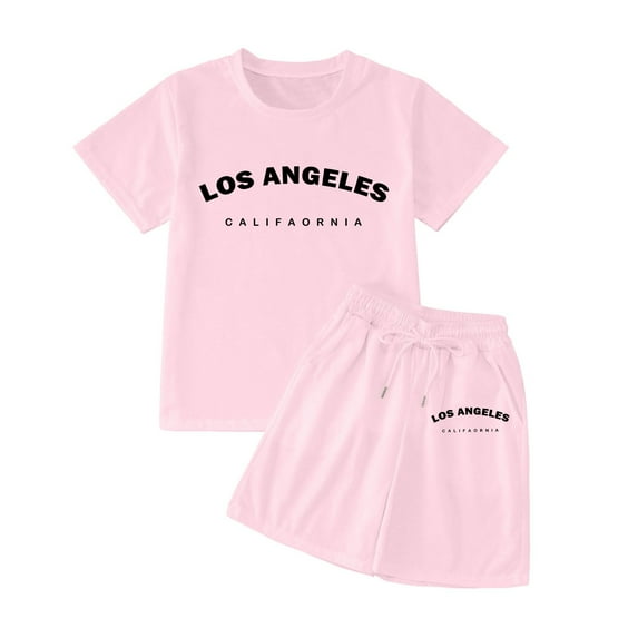 Aihuaihua Summer Outfits for Girls Size 6 Letter Print Short Sleeve T Shirt Tops + Elastic Shorts Crewneck Comfy Athleisure Short Sleeve Set Outdoor Casual Clothes