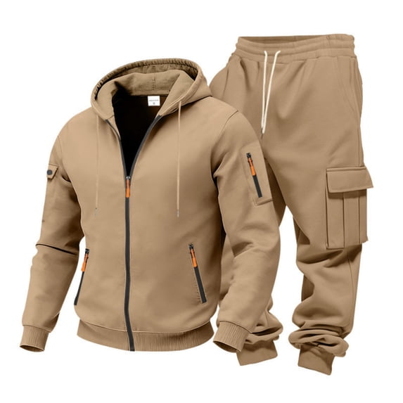 Aihuaihua Sweatsuits Men 2 Piece Set Fleece Lined Tracksuit Zip Up Hoodies Pullover & Cargo Joggers Athletic Sweatsuits Khaki M