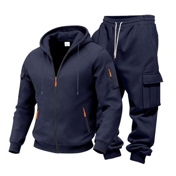 Aihuaihua Sweatsuits Men 2 Piece Set Fleece Lined Tracksuit Zip Up Hoodies Pullover & Cargo Joggers Athletic Sweatsuits Navy XXXL