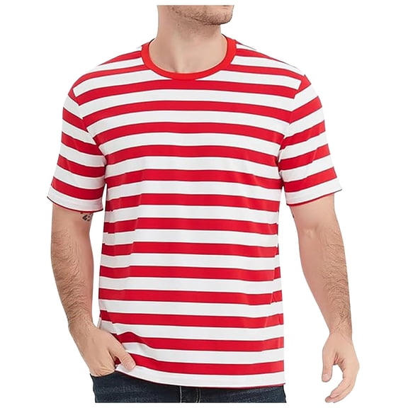 Aihuaihua T-Shirts for Men Crew Neck Short Sleeve Regular Fit Striped T-Shirt Basic Young Mens Clothes Red S