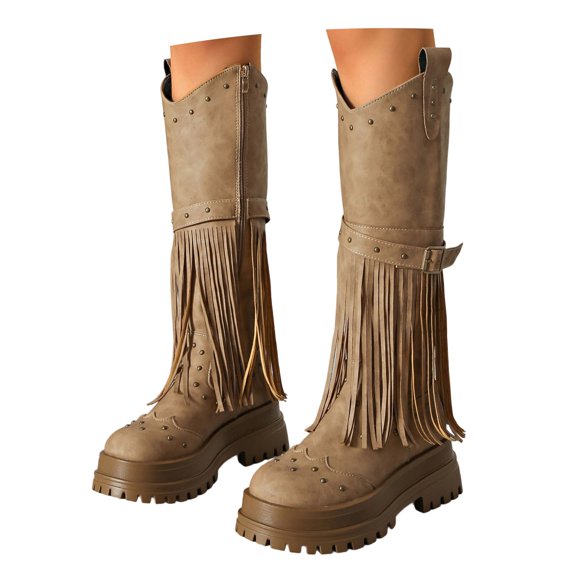 Aihuaihua Tassel Mid Calf Booties Women Leather High Boots Platform Side Zip Wide Calf Boots Comfortable Non Fall Winter Fasion 2025