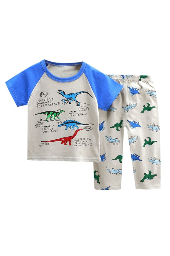 Toddler Boys Pajamas Cartoon Print Short Sleeve Pants Loose Fit Crewneck Home Outfit 2 Piece Pjs Clothes Set Blue,130