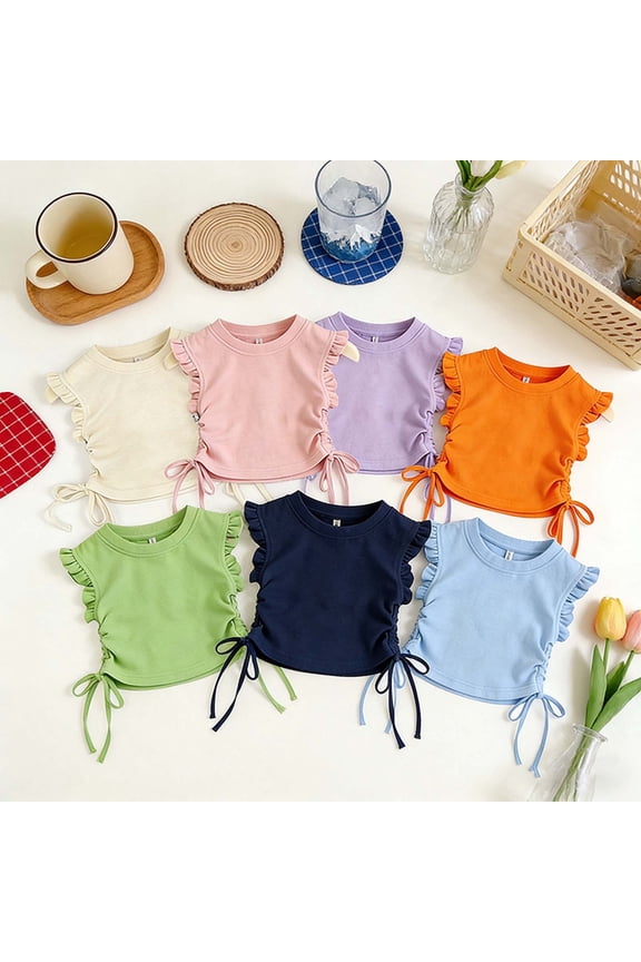 Toddler Girls' Crop Top Flutter Sleeve Solid Color Size Drawstring Casual Summer T-Shirt 2T-5T White 3-4 Years