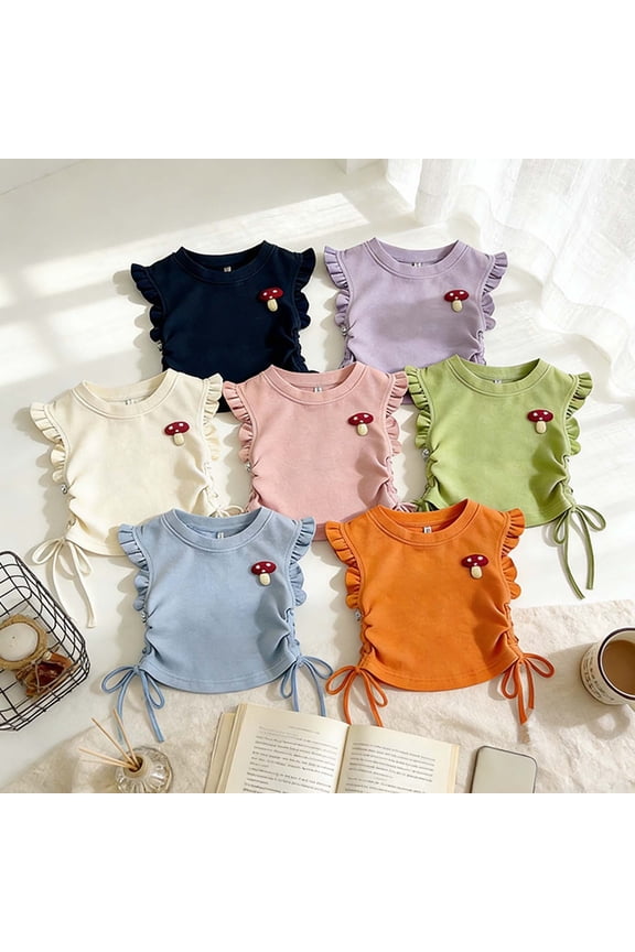 Toddler Girls' Crop Top Ruffle Sleeve Shirt Solid Color Tops Size Drawstring Casual Summer T-Shirt 1T-10T Pink 9-10 Years