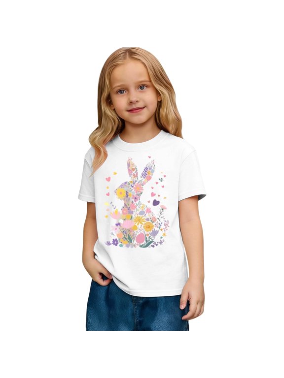 Toddler Girls Easter Shirts Cute Bunny Tshirts Happy Easter Tees Short Sleeve Tops Graphic For Girls Soft Casual Round Neck
