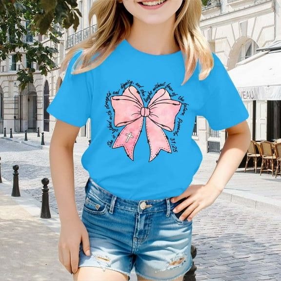 Aihuaihua Toddler Shirt Girl Cute Print Short Sleeve T Shirt Top Round Neck Trendy Tee Tops Girls' Tops, Tees & Blouses Sky Blue,140