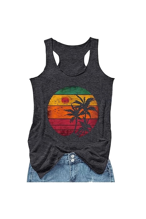 Tropical Tank Tops for Women Vintage Graphic Racerback Tank Tops Summer Beach Vacation Tank Cami Basic Casual Loose Workout Yoga Tanks Vest Dark Gray L