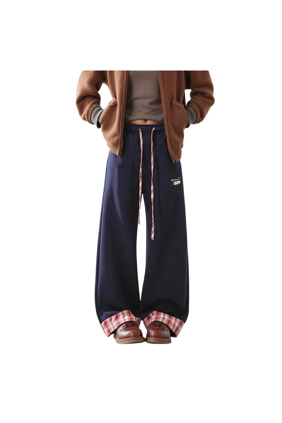 Unisex Y2k Vintage Embroidery Puppy Graphic Patchwork Sweatpants Preppy Hop Cute Loose Casual Pants for Men Women Navy S