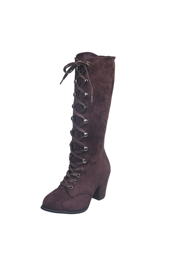 Victorian Boots for Women Heels Lace Up Mid Calf Boots Vintage Gothic Steampunk Halloween Witch Shoes Renaissance Boots