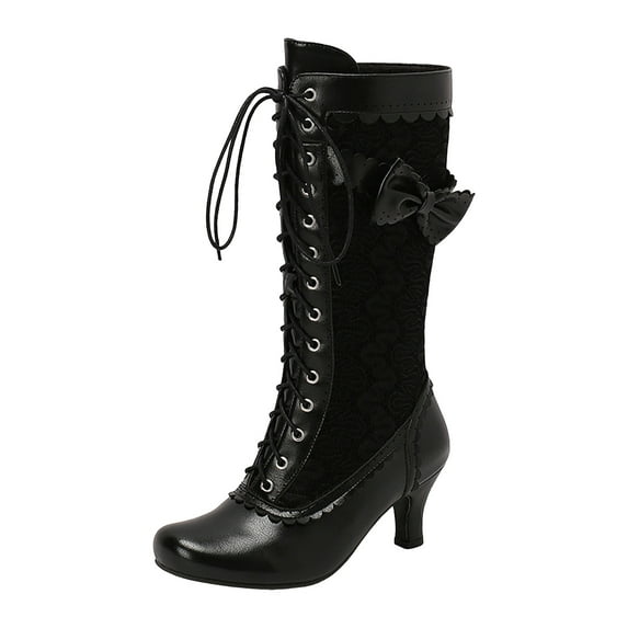 Aihuaihua Victorian Boots for Women Lace Mid Calf Granny Boots Zipper Renaissance Shoes Mid Heel Wedding Dress Boots with Bow