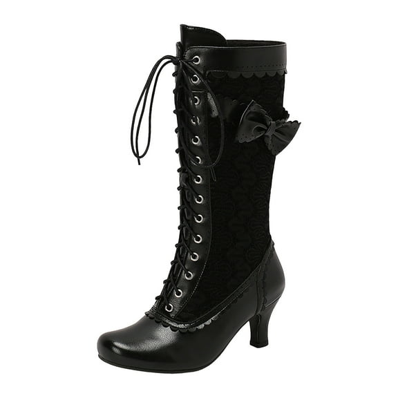 Aihuaihua Victorian Boots for Women Lace Mid Calf Granny Boots Zipper Renaissance Shoes Mid Heel Wedding Dress Boots with Bow