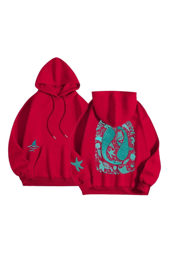 Whale Ocean Hoodie Shark Hoodie for Women Preppy Oversized Graphic Long Sleeve Pullover Top Y2K Sweatshirt wiht Pocket