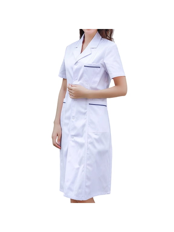White Lab Coat for Women Plus Size, Short Sleeve Coat with Button Front and Pockets, Unisex Student Work Uniform for Lab and Health Care