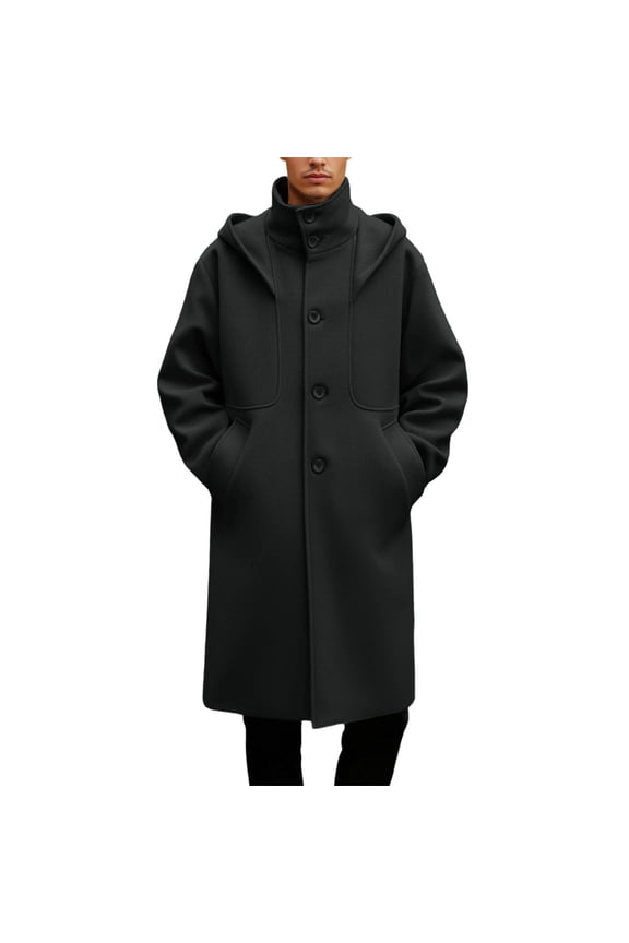 Winter Wool Blend Trench Coat for Men Hooded Long Woolen Outerwear Turn-Down Collar Fashion Overcoat Black M