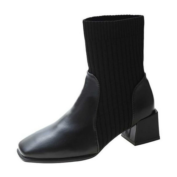 Aihuaihua Women Ankle Boots Sock Booties On Ankle Boots Block Heel Square Toe Splicing Dress Sock Booties Black/Brown/Khaki Boots for Women