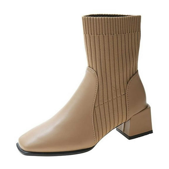 Aihuaihua Women Ankle Boots Sock Booties On Ankle Boots Block Heel Square Toe Splicing Dress Sock Booties Black/Brown/Khaki Boots for Women