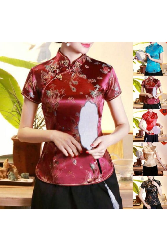 Women Cheongsam Top Satin Qipao Blouse Short Sleeve Mandarin Floral Jacquard Slim Fit Chinese Dressy Casual Shirt S