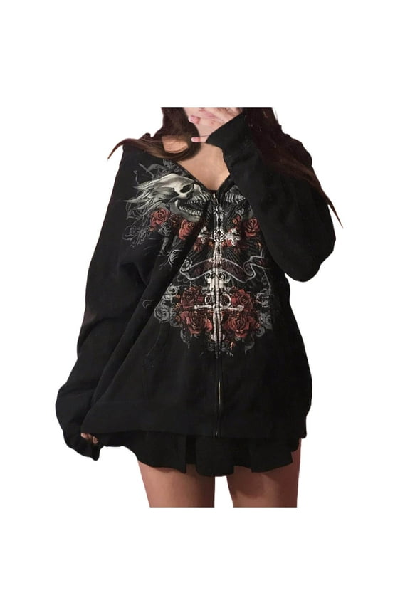 Women Graphic Hoodie Y2k Vintage Zip Up Oversized Hooded Sweatshirt Jacket Pullover Coats Harajuku Streetwear Fall Clothes