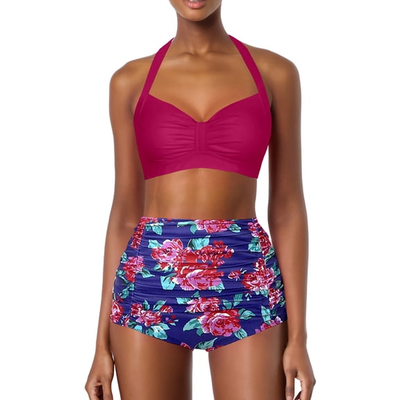 Aihuaihua Women High Waisted Bikini Set Halter Two Piece Swimsuit Tummy Control Bathing Suit Vintage Summer Swimwear