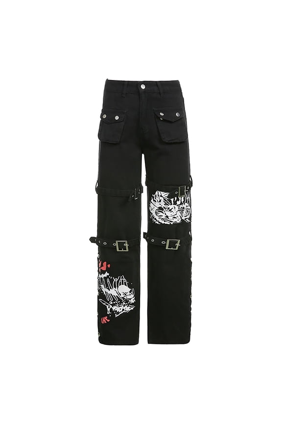 Women Y2k Jeans Grunge Gothic Tripp Pants Punk Goth Pants Vintage Baggy Denim Jeans Trousers Streetwear Black L