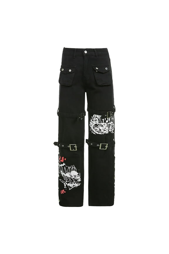 Women Y2k Jeans Grunge Gothic Tripp Pants Punk Goth Pants Vintage Baggy Denim Jeans Trousers Streetwear Black M