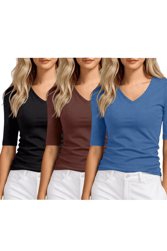 Women's 1/2 Sleeve Tops Half Length Sleeve V-neck T Shirts Slim Fit Casual Elbow Summer Basic Tees, 3 Pack