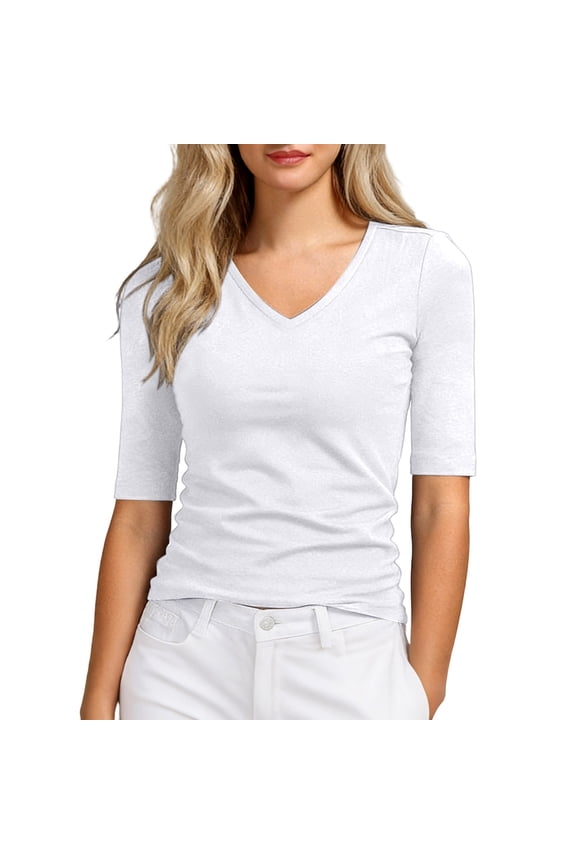 Women's 1/2 Sleeve Tops Half Length Sleeve V-neck T Shirts Slim Fit Casual Elbow Summer Basic Tees Coffee L