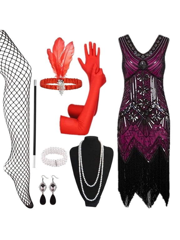 Women's 1920s Flapper Dress Lace Fringed With 20s Accessories Set for Party Prom