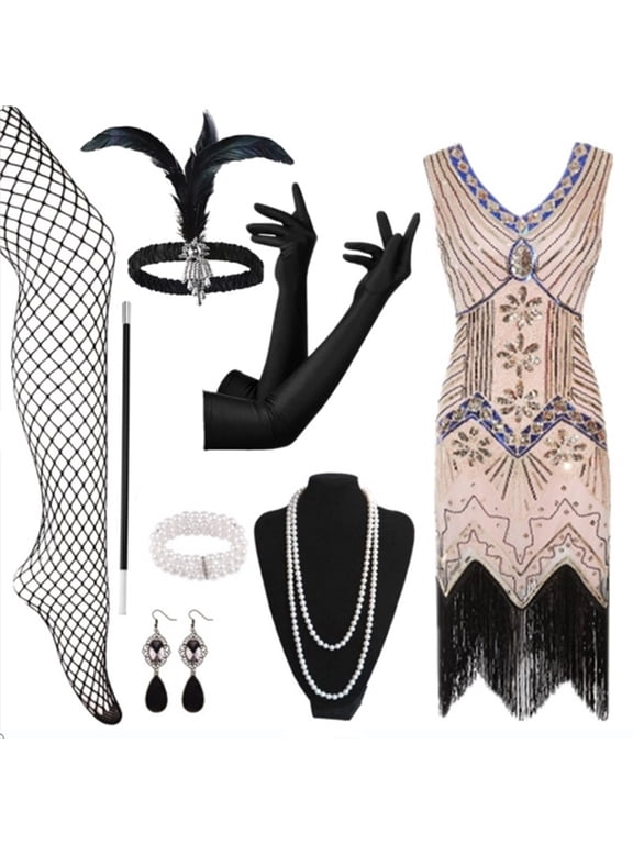 Women's 1920s Flapper Dress Lace Fringed With 20s Accessories Set for Party Prom
