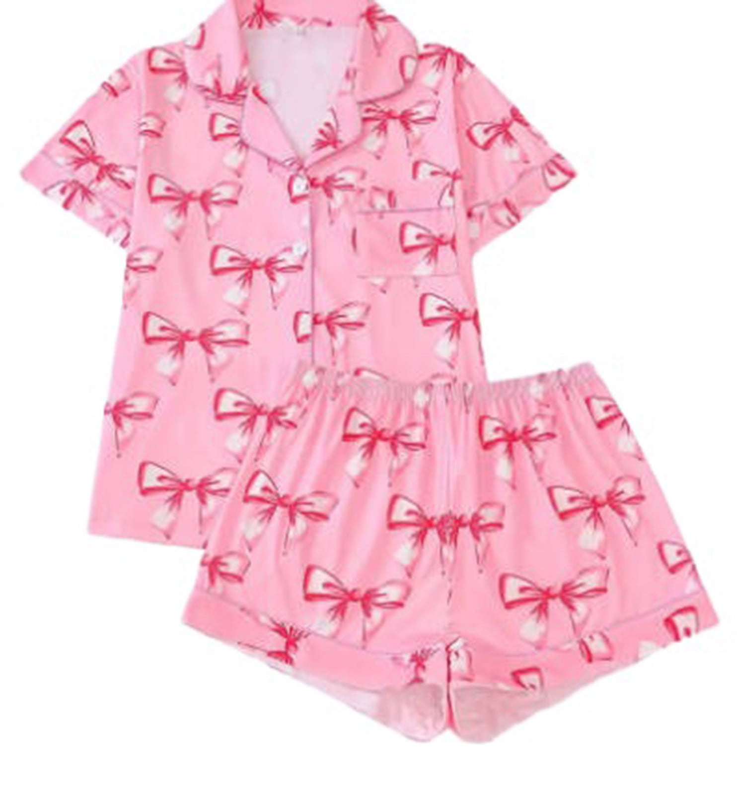 Pink Bows Two Piece PJ Set with Ruffled Neck