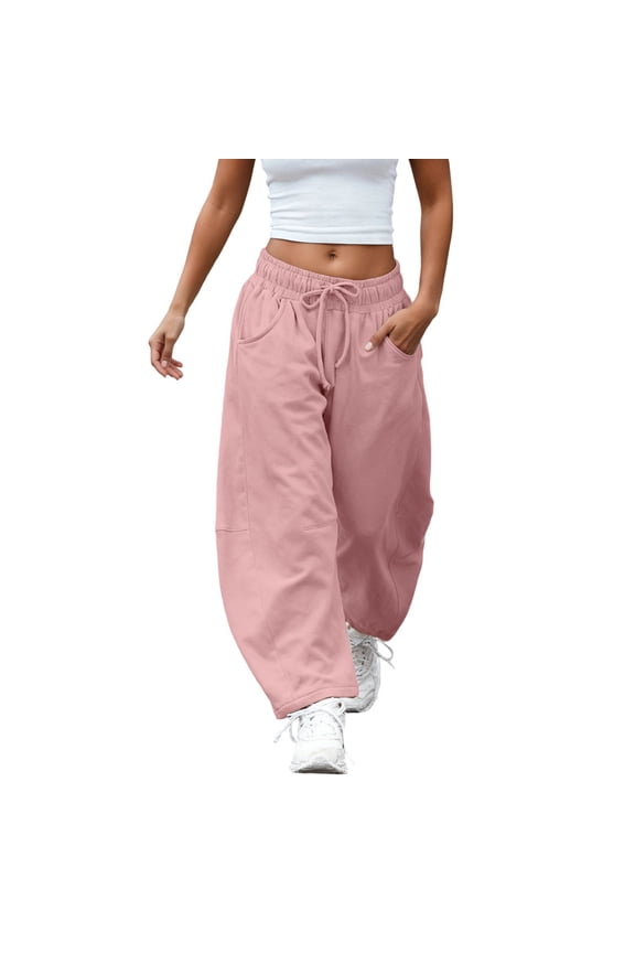 Women's Barrel Leg Sweatpant Drawstring Elastic Waisted Wide Leg Pants Casual Cotton Palazzo Trousers with Pockets Pink