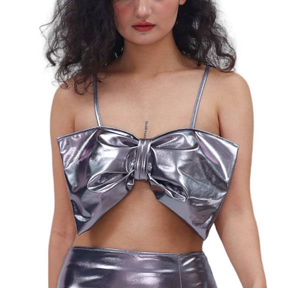 Aihuaihua Women's Bow Front Crop Top Patent Leather Spaghetti Strap Backless Camisole Tops for Festival Fashion 2025 Y2K Style Clubwear Party Carnival Costumes