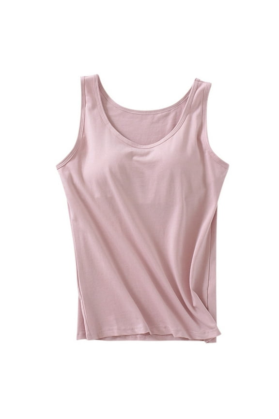 Women's Built-In Bra Tank Top Casual Crew Neck Sleeveless Camisole Plus Size Summer Padded Workout Tops