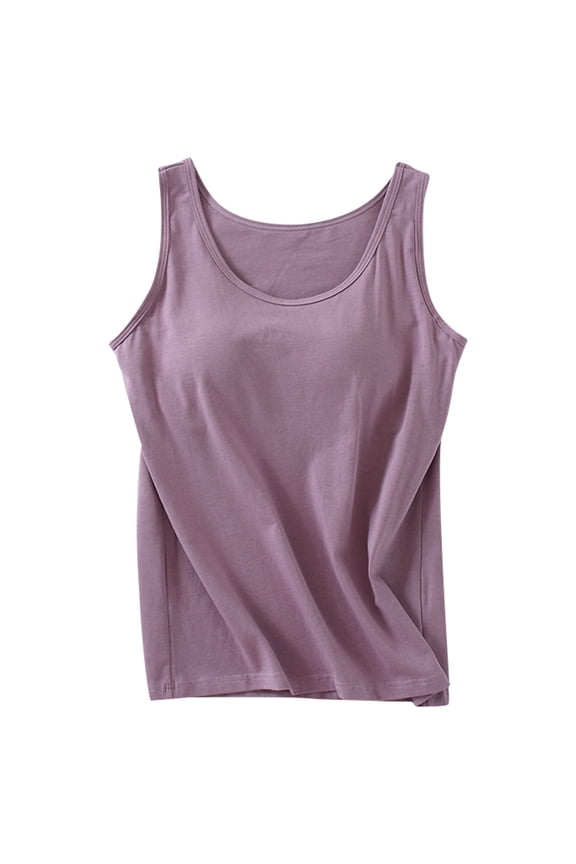 Women's Built-In Bra Tank Top Casual Crew Neck Sleeveless Camisole Plus Size Summer Padded Workout Tops