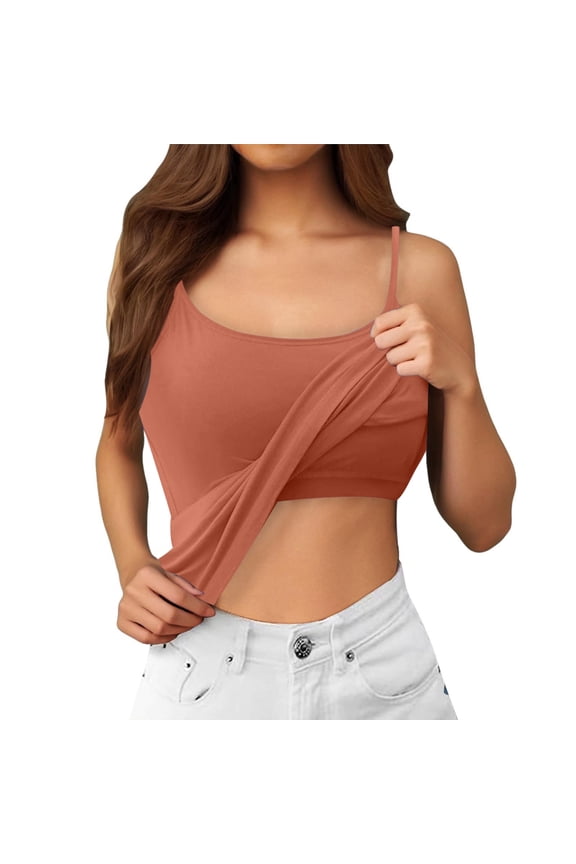 Women's Built-In Bra Tank Top Casual Crew Neck Sleeveless Summer Athletic Workout Camisole Plus Size Padded Top