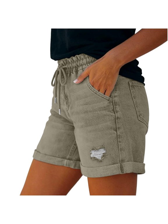 Women's Elastic High Waisted Jean Shorts Summer Ripped Cut Off Denim Shorts Vintage Cuffed Hem Mid Thigh Short Jeans Army Green XL